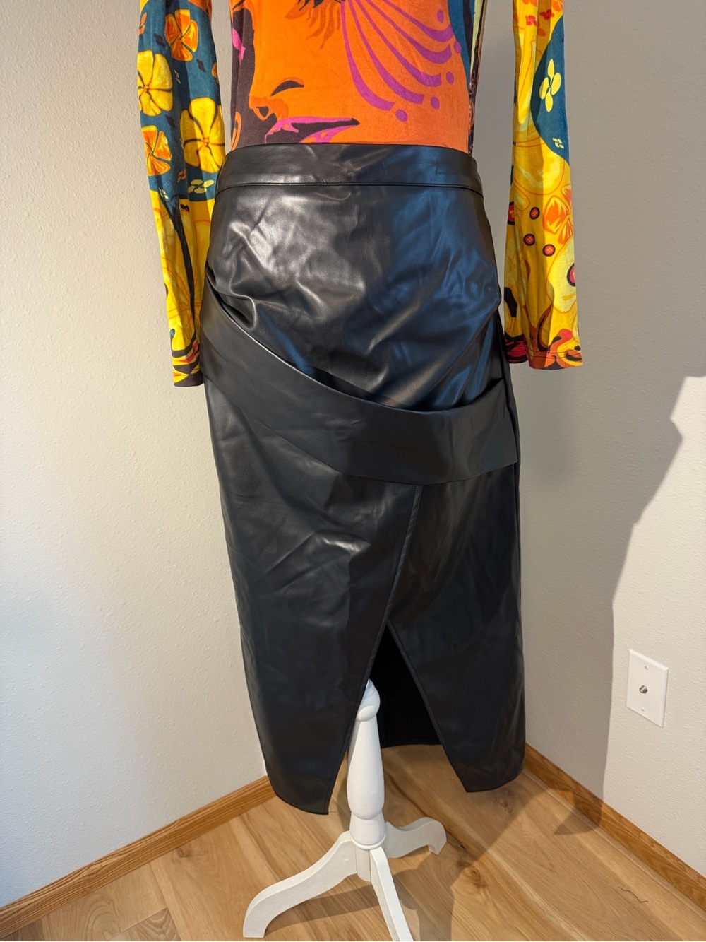 Commense Black Faux Leather Pencil Skirt with Wrap Detail and Front Slit